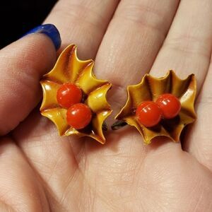 Vintage Fall Christmas Leaf Berry Earrings